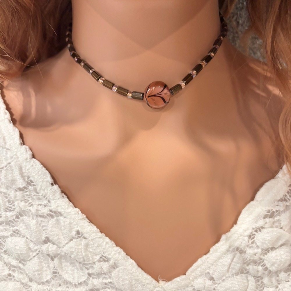 Boho Choker Necklace Brown Glass Bead Swirl Neutral Woodland Cottagecore 20658‎